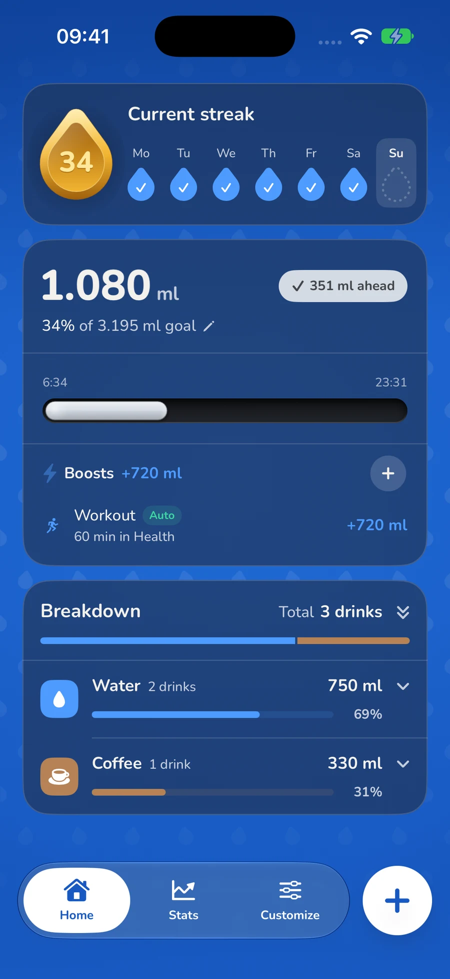 Hydrately home screen with a 34-day streak, 1,080 ml logged and 351 ml ahead of pace